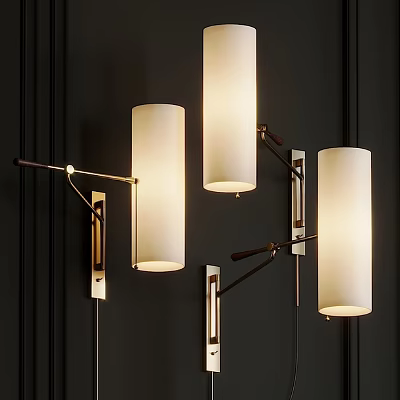 Modern Brass Wall Lamps With White Shades Mounted On Dark Wall 3d model
