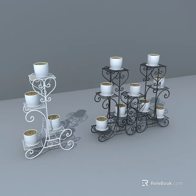 Decorative Iron Plant Stands with Multi Tiered Scroll Design Holding White Pots and Small Plants 3d model 