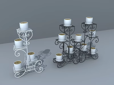 Decorative Iron Plant Stands with Multi Tiered Scroll Design Holding White Pots and Small Plants 3d model