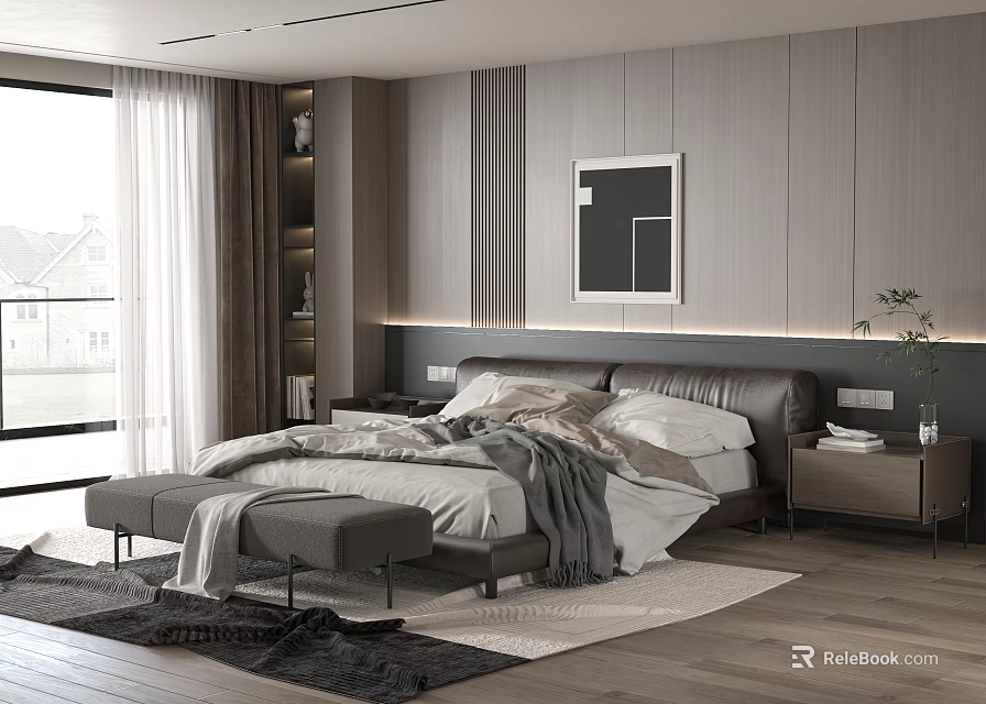 Modern Bedroom Interior With Background Double Bed Nightstand Bench And Curtains 3d model