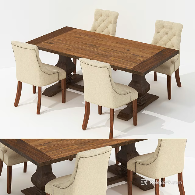 Stylish Wooden Rectangular Dining Table With Sturdy Legs And Four Beige Upholstered Chairs 3d model