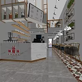 Modern Milk Tea Shop Interior with Marble Counter Shelves Jars Green Plants and Digital Screen