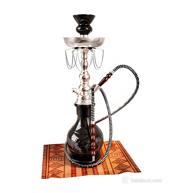 Decorative Hookah Ornament Set With Metal Glass Body Striped Hose Wooden Handle Patterned Base Mat 3d model 