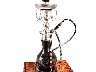 Decorative Hookah Ornament Set With Metal Glass Body Striped Hose Wooden Handle Patterned Base Mat 3d model
