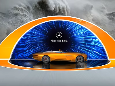 Display Shelf Showcasing Mercedes-Benz Car with Blue Orange Curved Structure and Logo 3d model