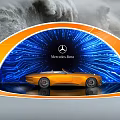 Display Shelf Showcasing Mercedes-Benz Car with Blue Orange Curved Structure and Logo