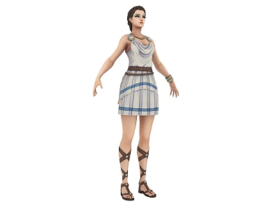 Woman In Blue White Plaid Dress With Sleeveless Top Decorative Belt Strappy Sandals 3d model
