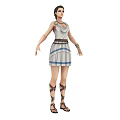 Woman In Blue White Plaid Dress With Sleeveless Top Decorative Belt Strappy Sandals