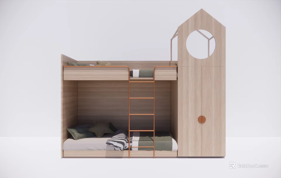 Modern Wooden Bunk Bed Design With Ladder And Storage Cabinet 3d model 