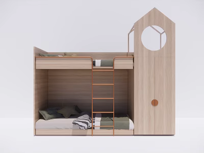 Modern Wooden Bunk Bed Design With Ladder And Storage Cabinet 3d model