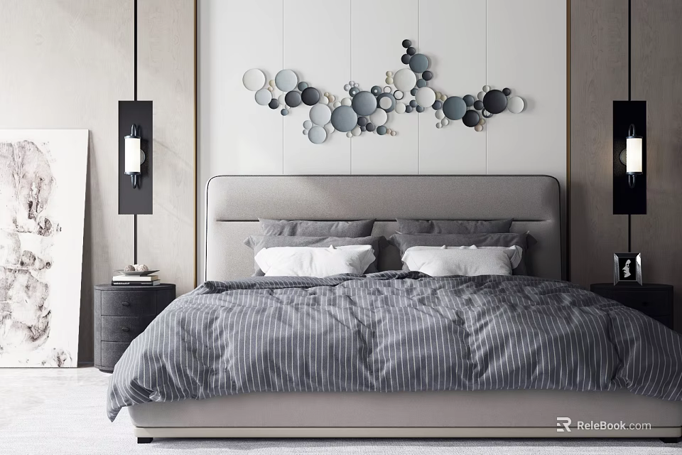 Background Double Bed with Gray Striped Quilt Gray White Pillows Gray Headboard Circular Wall Decor Black Table Lamps Nightstands Gray Walls 3d model 