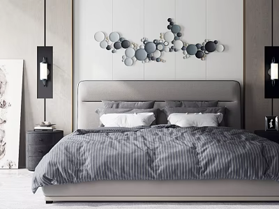 Background Double Bed with Gray Striped Quilt Gray White Pillows Gray Headboard Circular Wall Decor Black Table Lamps Nightstands Gray Walls 3d model