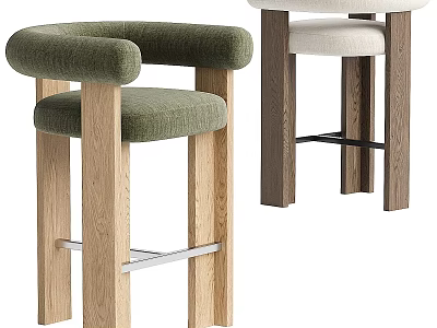 Modern Upholstered Stools With Green And White Seats Armrests And Wooden Legs 3d model