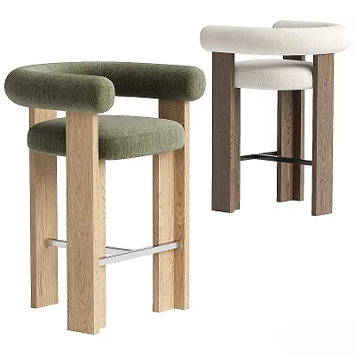 Modern Upholstered Stools With Green And White Seats Armrests And Wooden Legs 3d model
