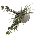 Gray Irregular Shaped Textured Vase With Green Eucalyptus Leaves And Slender Grass 3d model