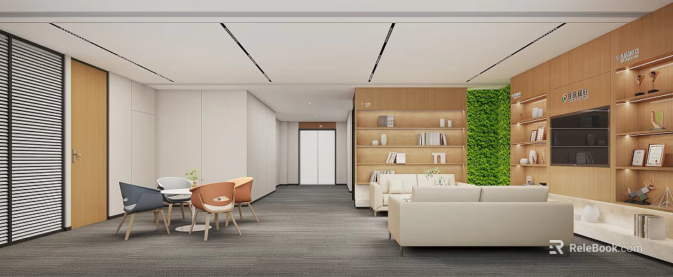 Modern Casual Lounge Area Interior With Sofa Tables Bookshelves And Green Plant Wall 3d model 