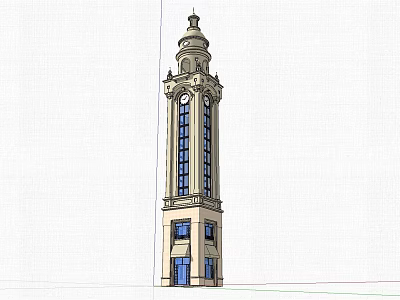Classical Tall Tower With Ornate Top And Decorative Blue Windows Structure 3d model