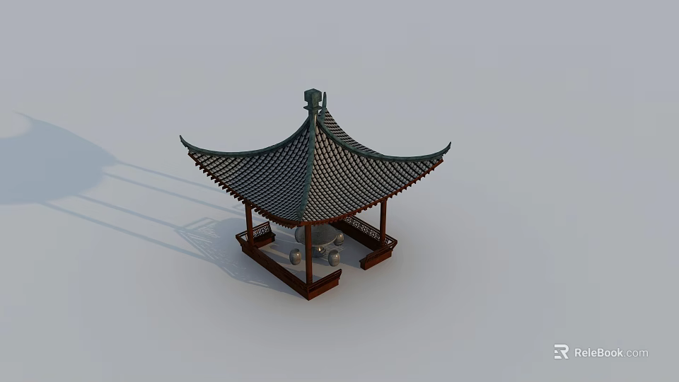Traditional Garden Ornament Pavilion with Green Tiled Roof Curved Eaves and Wooden Structure 3d model 