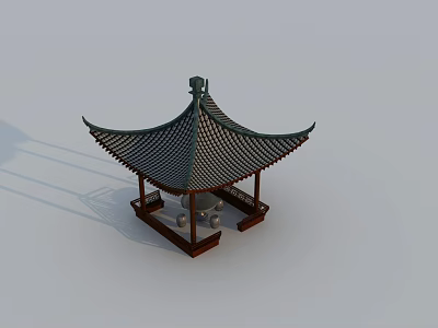 Traditional Garden Ornament Pavilion with Green Tiled Roof Curved Eaves and Wooden Structure 3d model