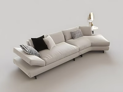 Beige L shaped Sofa With Decorative Pillows And Coffee Table Set With Side Lamp 3d model