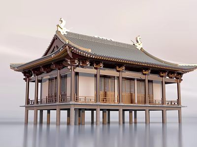 Traditional Ancient Architecture with Curved Cornices Tile Roof Over Water Wooden Structure Design 3d model