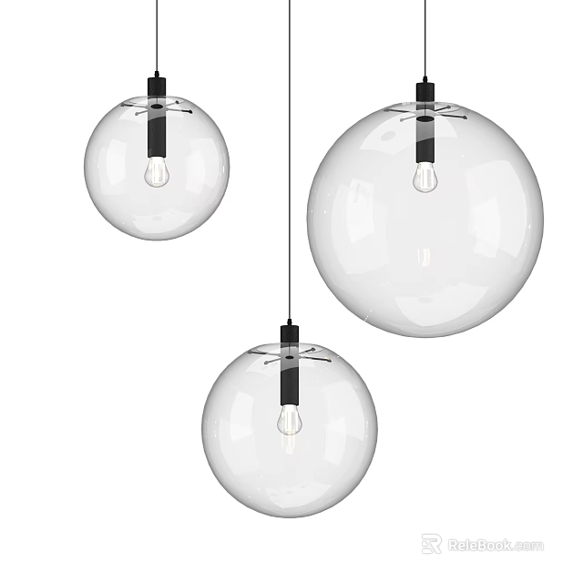 Modern Three Transparent Spherical Chandeliers With Black Base And Light Bulbs 3d model
