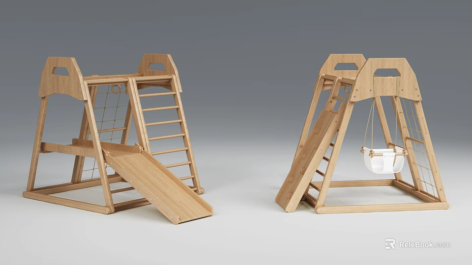 Outdoor Wooden Kids Play Equipment with Slide Swing Ladder and Climbing Net 3d model 