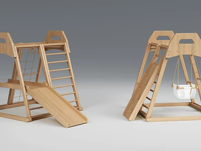 Outdoor Wooden Kids Play Equipment with Slide Swing Ladder and Climbing Net 3d model