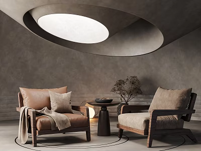 Casual Sofa Set With Brown Leather Beige Fabric Chairs Throw Pillows And Round Ceiling Light 3d model