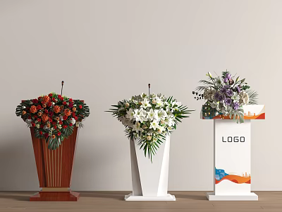Three Decorative Podiums Featuring Red White Purple Flower Arrangements And LOGO 3d model
