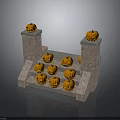 Decorative Fresh Pumpkins With Carved Smiling Faces Arranged On Stone Steps