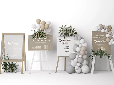 Wedding Welcome Signs With Balloon Garlands And Floral Arrangements Decor 3d model