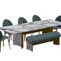 Elegant Modern Dining Table Set With Marble Top Grey Chairs And Upholstered Bench 3d model
