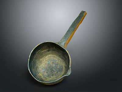 Vintage Metal Ladle With Wooden Handle And Worn Surface Texture 3d model