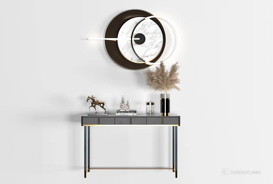 Elegant Modern Entryway Console Table With Round Mirror Pampas Grass And Decorative Items 3d model