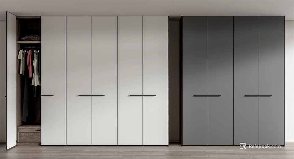 Modern Wardrobe Design With Light And Dark Flat Panel Doors And Handle Details 3d model 