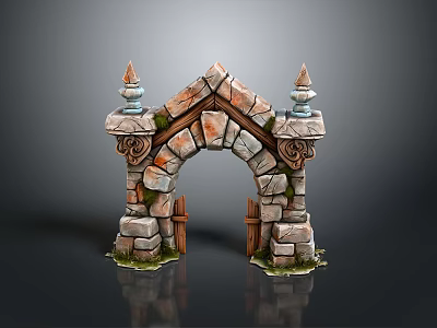 Medieval Stone Archway Featuring Irregular Blocks Carved Pillars Spire Decorations And Wooden Doors With Moss 3d model