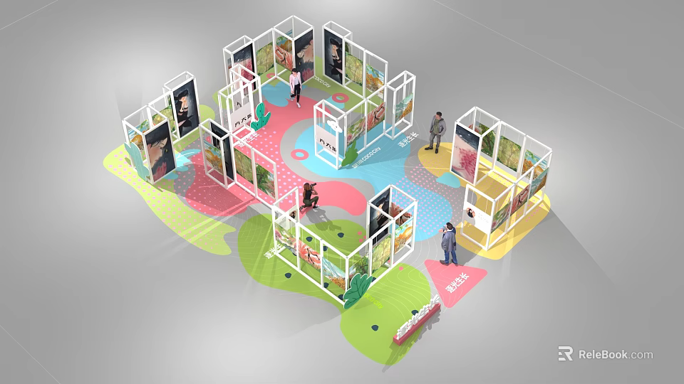 Modern Exhibition Booth Design With Multiple Display Areas Colorful Flooring And People 3d model 