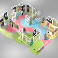Modern Exhibition Booth Design With Multiple Display Areas Colorful Flooring And People