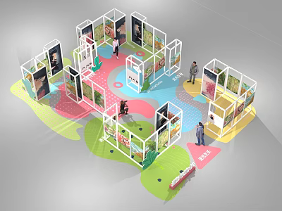 Modern Exhibition Booth Design With Multiple Display Areas Colorful Flooring And People 3d model