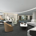 Modern Lounge Area With Curved Sofas Armchairs Coffee Tables Soft Lighting And Plants 3d model