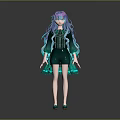 3D Anime Character Model With Teal Purple Curly Hair And Green Ruffled Dress