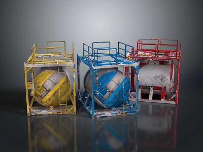 Three Industrial Equipment Units With Colored Metal Frames And Caged Containers 3d model