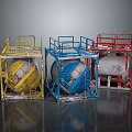 Three Industrial Equipment Units With Colored Metal Frames And Caged Containers