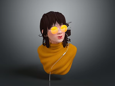 Woman Wearing Yellow Round Glasses And Yellow Turtleneck 3D Head Model On Gray Background 3d model