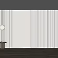 Minimalist White Bedroom Accent Wall With Striped Detailing Wooden Flooring And Table Lamp