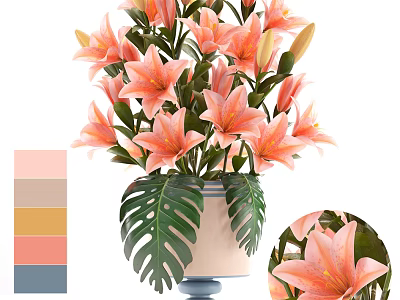 Pink Lily Flowers In Decorative Vase With Monstera Leaves And Soft Color Tones 3d model