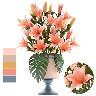 Pink Lily Flowers In Decorative Vase With Monstera Leaves And Soft Color Tones 3d model
