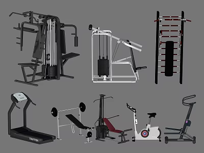 Sports Equipment Collection With Multi Functional Trainer Treadmill Dumbbells Bench Press And Exercise Bike 3d model