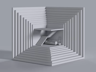 Minimalist Modern Decorative Ornament Set With Gray Layered Geometric 3D Structure And Staircase 3d model